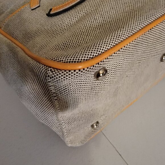 Authentic Chanel Chocolate Bar Camellia No.5 Hand Bag Canvas Gray Yellow - Picture 7 of 11